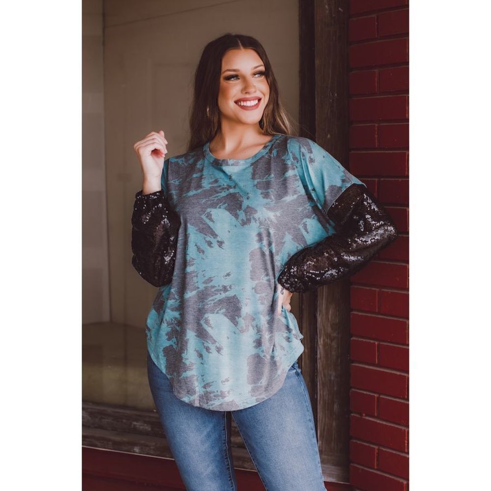 Black Green Tie Dye With Black Sequin Long Sleeve Top